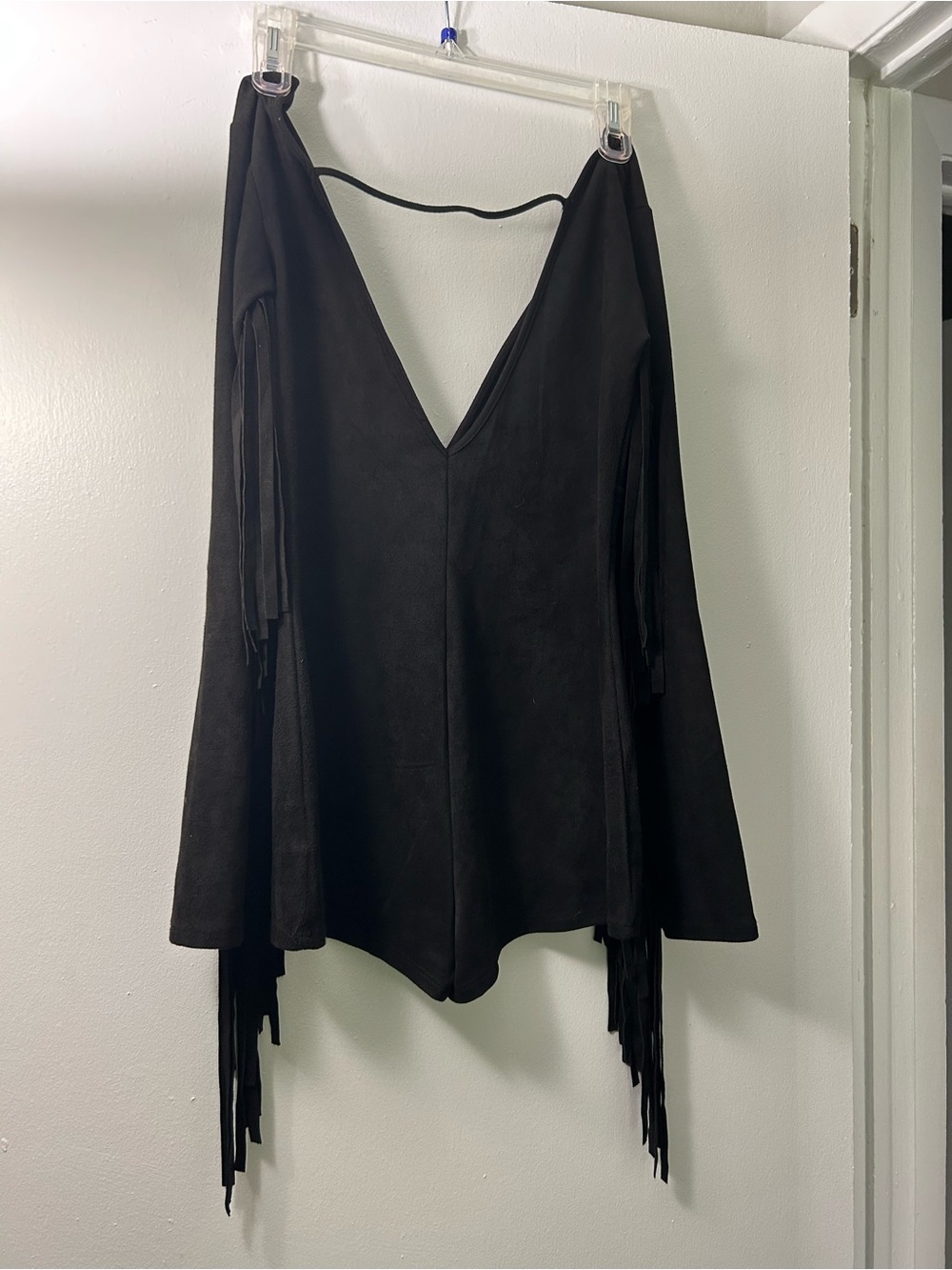 Bear Dance Black Fringe V-Neck Romper with Back Strap - Picture 2 of 3
